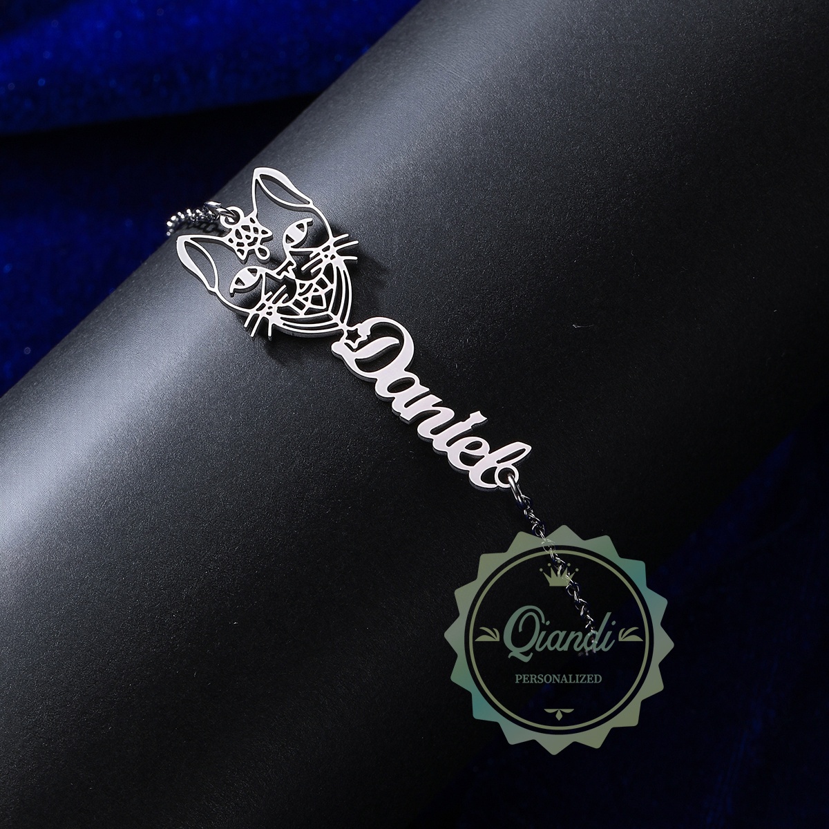 Charming Cat Stainless Steel Bracelet with Custom Name